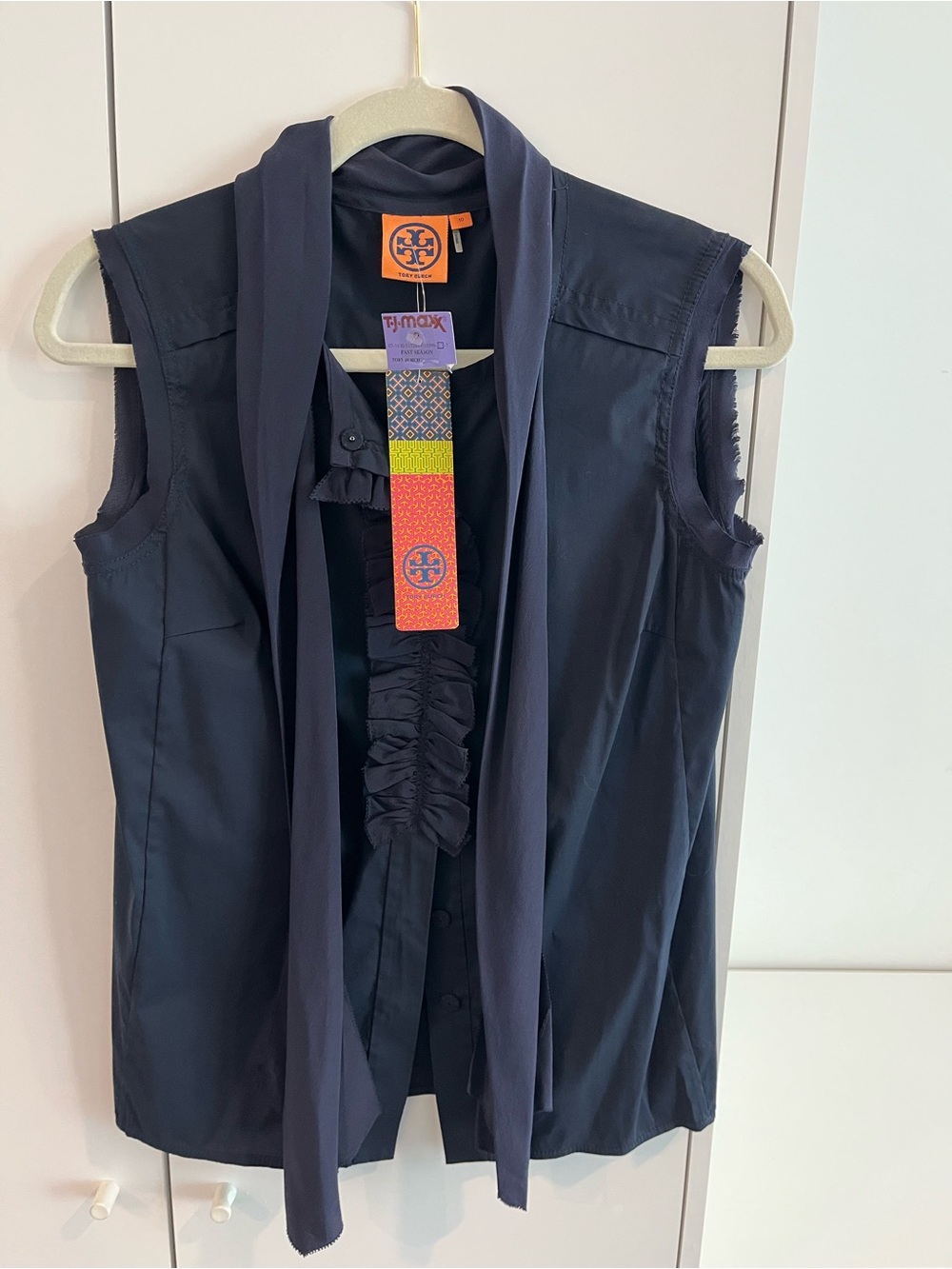 NWT - Tory Burch Navy Ruffle Tie-Neck Blouse
